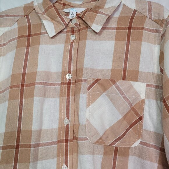 Time & Tru Women's Plaid Button-Up Long Sleeve Shirt Beige Size Small (4-6) - Picture 4 of 11